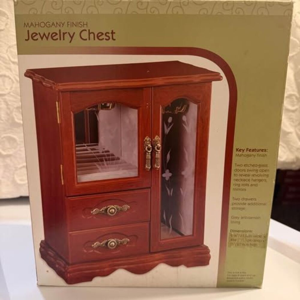 Brand New Vintage-Style Mahogany Wood Jewelry Chest Armoire Storage Box